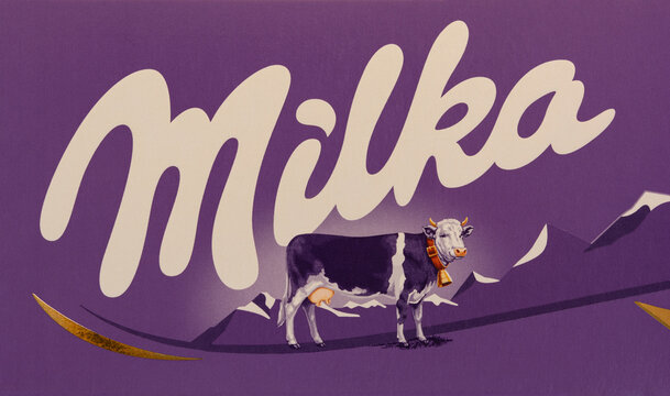BURGAS, BULGARIA - JANUARY 7, 2021: Milka Swiss milk chocolate bar. Milka Alpine Milk 250 g chocolate bar made by Mondelez International.