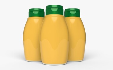 Three yellow mustard plastic bottles with no label and green cap on white background