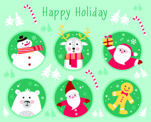 Cute winter animals and Santa. Merry christmas and happy new year. Happy holiday. Vector illustration.