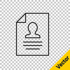 Black line Resume icon isolated on transparent background. CV application. Searching professional staff. Analyzing personnel resume. Vector.
