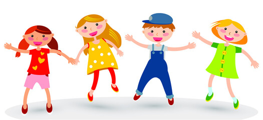 Group of little children jumping and have fun together. Vector