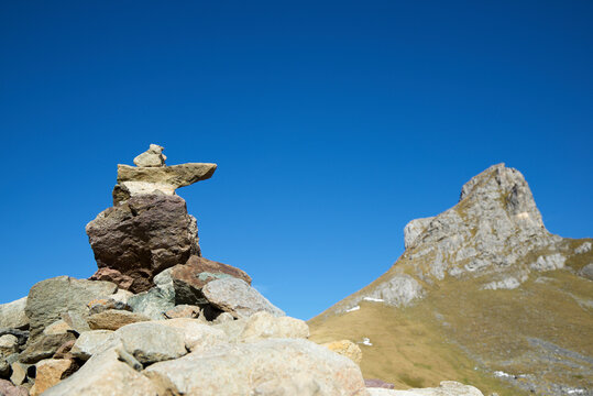 Cairn to indicate the right path in Ossau Valley, Pyrenees in France.