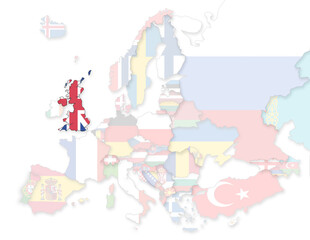 3D Europakarte auf das Vereinigte Königreich hervorgehoben wird und die restlichen Flaggen transparent sind