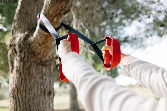 TRX sport team. Young woman doing exercises outdoors in a park. Strap