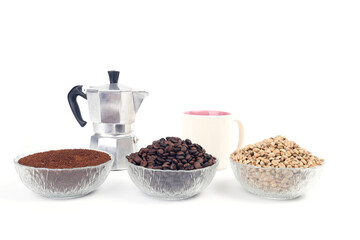 Moka pot and coffee seed isolated on white background