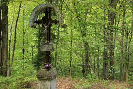 Old cemetery with many vampire burial in Jawornik - former and abandoned village in Low Beskids, Poland