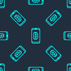 Green line Mining bitcoin from mobile icon isolated seamless pattern on blue background. Cryptocurrency mining, blockchain technology service. Vector.