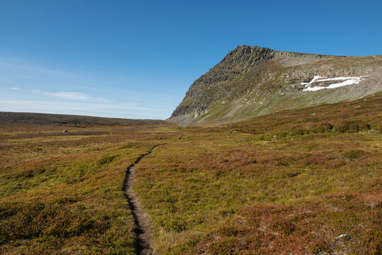 Narrow single track trail of middle section of Kungsleden Trail through mountain landscape, Lapland, Sweden