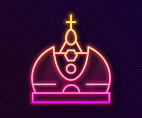 Glowing neon line King crown icon isolated on black background. Vector.