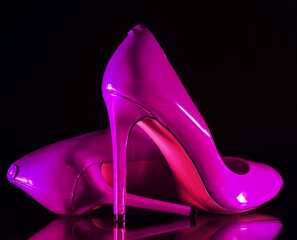 patent leather shiny female purple stilettos on a black background