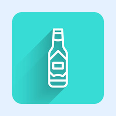 White line Tabasco sauce icon isolated with long shadow. Chili cayenne spicy pepper sauce. Green square button. Vector.