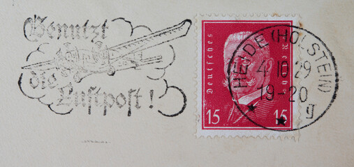 vintage retro alt old briefmarke stamp frankiert cancel benutzt luftpost airmail air mail rot red...