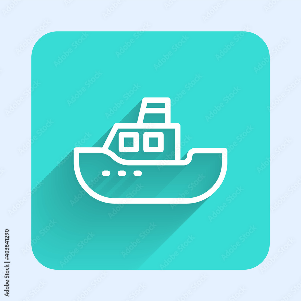 Poster white line toy boat icon isolated with long shadow. green square button. vector.