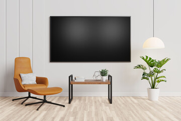 Smart TV mockup on the cabinet in modern living room, 3D rendering