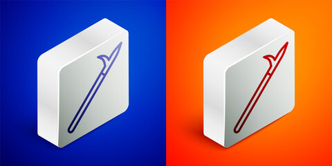 Isometric line Metal pike pole with wooden handle icon isolated on blue and orange background. Spear, pickaxe, hook hand extinguishing instrument and tool for fireman. Silver square button. Vector.