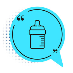 Black line Baby bottle icon isolated on white background. Feeding bottle icon. Milk bottle sign. Blue speech bubble symbol. Vector.