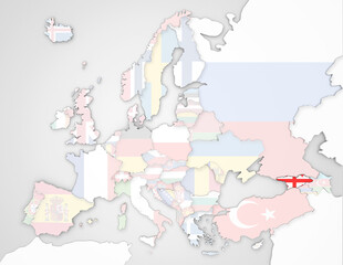 3D Europakarte auf der Georgien hervorgehoben wird und die restlichen Flaggen transparent sind