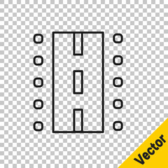 Black line Airport runway for taking off and landing aircrafts icon isolated on transparent background. Vector.