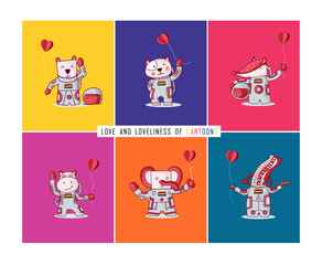 Fototapeta premium Farm animals wearing a space suit floating in space. If animals are smart, they will go to space. Bright multicolored background vector illustration.