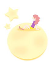 Obraz premium Vector illustration of a girl on the moon with a star. Sits on the moon and looks at the star. The girl is dreaming while sitting on the moon. Blonde looking at the moon