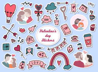 cute set of Valentine's day doodle stickers isolated on light blue background. Good for prints, logos, icons, clipart, signs, etc.
