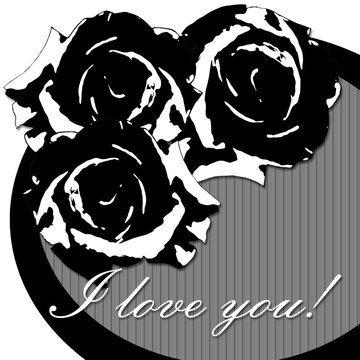 Fototapeta Decorative tri-color background with inscriptions and floral elements. Black and white rose close-up. Template for a postcard. Material for printing.