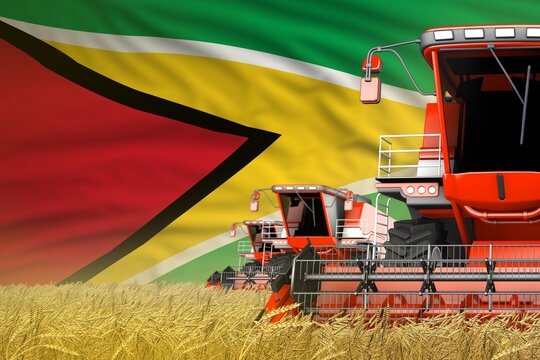 three red modern combine harvesters with Guyana flag on rye field - close view, farming concept - industrial 3D illustration