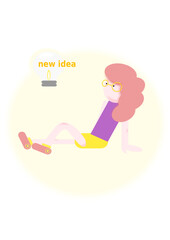 Vector illustration of a girl sitting on the floor and thinking. A new idea came to mind. The girl came up with something new and will bring it to life. Girl with a light bulb.
