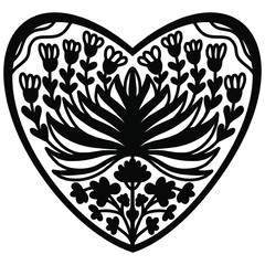 black template of heart drawn with plants and abstract ornaments on a white background, vector drawing