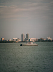 country skyline at sunset buildings boat marina Miami Beach 