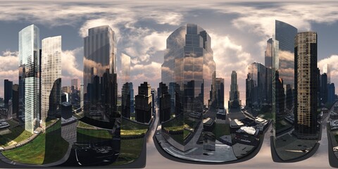 Fototapeta na wymiar cityscape, HDRI, environment map , Round panorama, spherical panorama, equidistant projection, panorama 360, 3d rendering