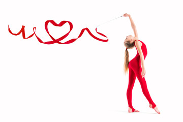 Isolated on white background Gymnast in red suit is exercising with ribbon, the ribbon is twisted in heart.