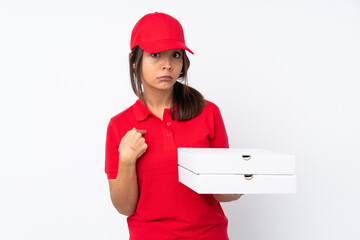 Young Pizza delivery girl over isolated white background pointing to oneself