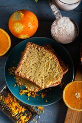 Homemade orange cake with fresh orange and milk. 