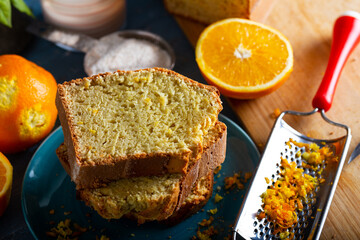 Homemade orange cake with fresh orange and milk. 