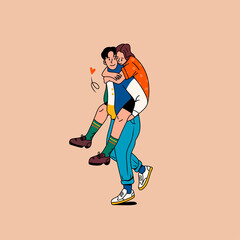 Stylish Young couple in love enjoying each other. Happy together. Piggy back ride, playful mood. Romance, Valentine's Day concept. Cartoon comic style. Hand drawn Vector illustration