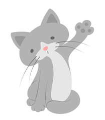 Cute Little Gray Cat Waving Paw Saying Hello Flat Design