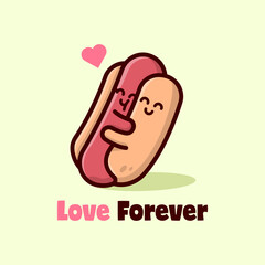 CUTE HOTDOG ILLUSTRATION SAUSAGE AND BREAD HUGGING EACH OTHER