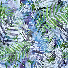 Tropical leaves. Watercolor leaves of a tree, palms, bamboo, nettle, abstract splash. Watercolor abstract seamless background, pattern, spot, splash of paint, branch with berry, color. Tropic pattern.