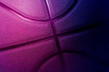 Closeup detail of basketball ball texture background. Blue neon Banner Art. Team sport concept