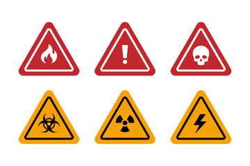 Danger warning signs. Radiation, biohazard, toxic, flammable, high voltage, poisonous. Warning icons.