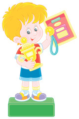 Happy little champion holding a gold medal and a prize cup of a winner and standing on a podium of competitions at an award ceremony, vector cartoon illustration isolated on a white background
