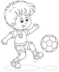 Little football player kicking a ball at a match or training on a sports field, black and white outline vector cartoon illustration for a coloring book page