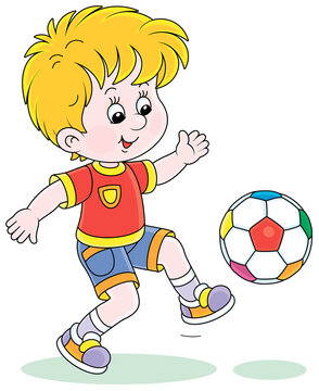 Little football player kicking a colorful ball at a match or training on a sports field, vector cartoon illustration isolated on a white background