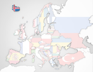 3D Europakarte auf der Island hervorgehoben wird und die restlichen Flaggen transparent sind