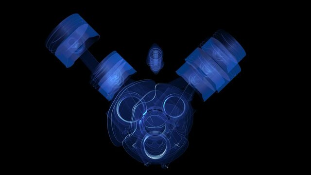 3d hologram of engine crankshaft rotating in a seamless loop on an alpha channel background.