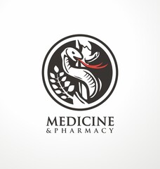 Medicine and pharmacy logo design idea with Aesculapius staff and snake. Medical and apothecary symbol or sign idea. Round vector icon for health care business.