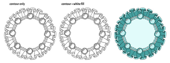 Set of hand drawn cute cartoon frames with textile ruffles, pearls and beads. Isolated copy space template vector illustration	
