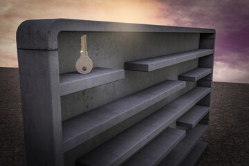Metal key inside a maze at sunset magenta sky demonstrating Real estate complicated. 3D illustration