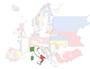 3D Europakarte auf der Italien hervorgehoben wird und die restlichen Flaggen transparent sind